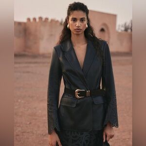 Maeve Black Eyelet Cutout Sleeve Faux Leather Blazer from Anthropologie